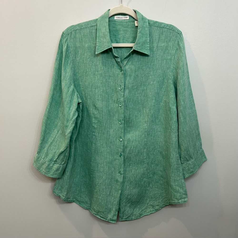 Coldwater Creek Green Button-Down Linen Shirt